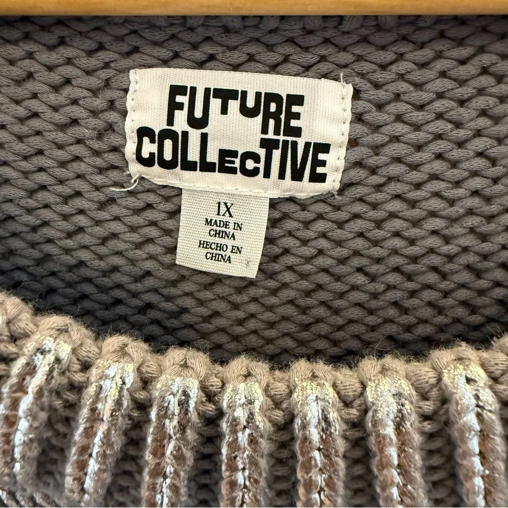 Future Collective Womens 1X Metallic Silver Crewneck Top Y2K Futuristic Chic